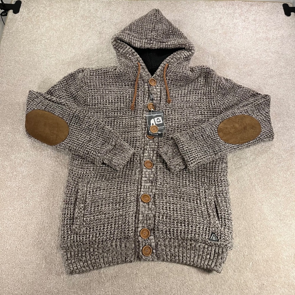 American Stitch Button Up Knit Hood Mens Medium Brown New‎ Sherpa Lined Cardigan